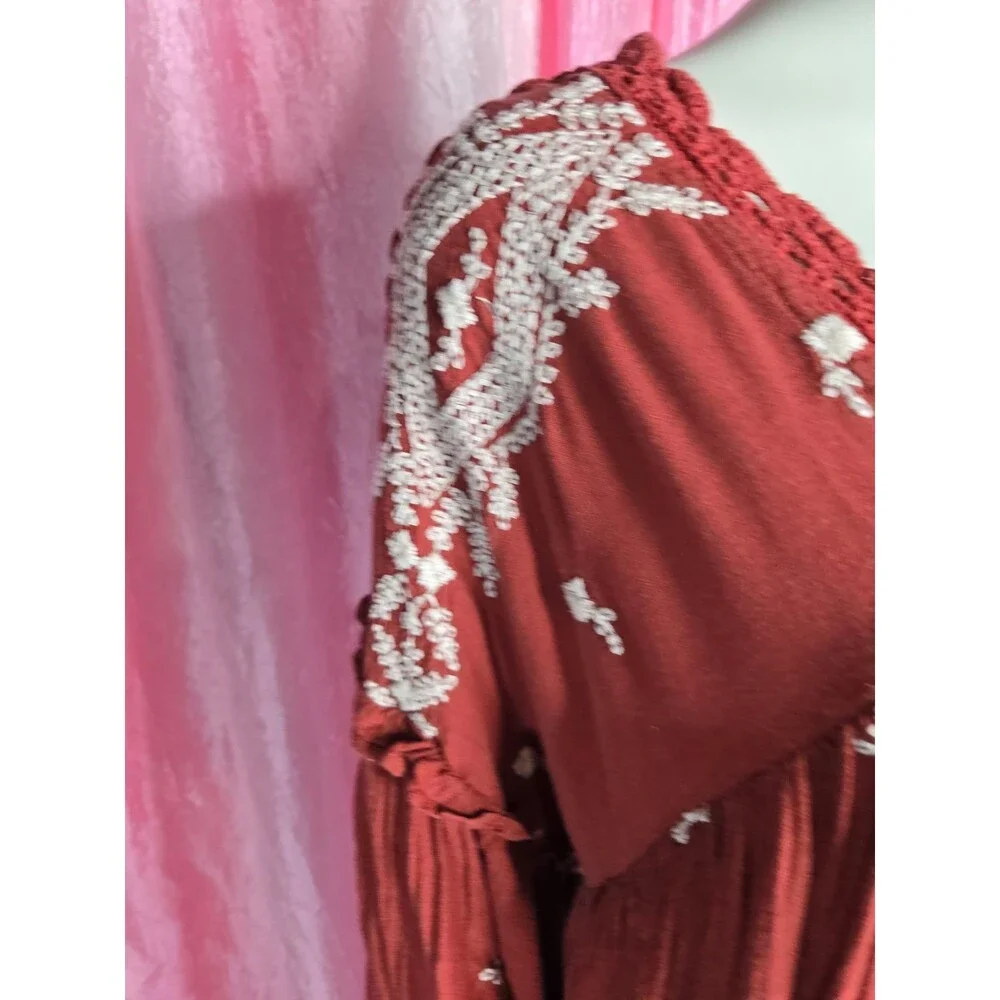 Free People Red Wine  Embroidered Crochet  Bohemian Dress With Slip Size Medium